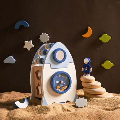 Wooden Rocket Activity Toy – Montessori Space Adventure Playset