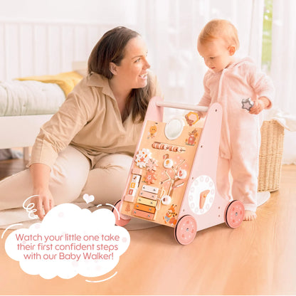Wooden Baby Walker with Wheels – Montessori Push Toy & Activity Center for Babies