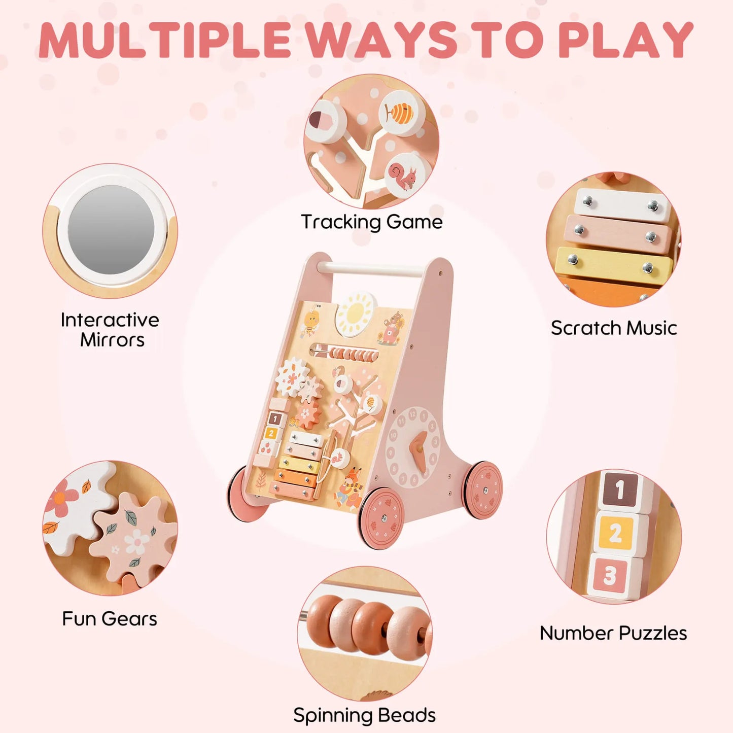 Wooden Baby Walker with Wheels – Montessori Push Toy & Activity Center for Babies