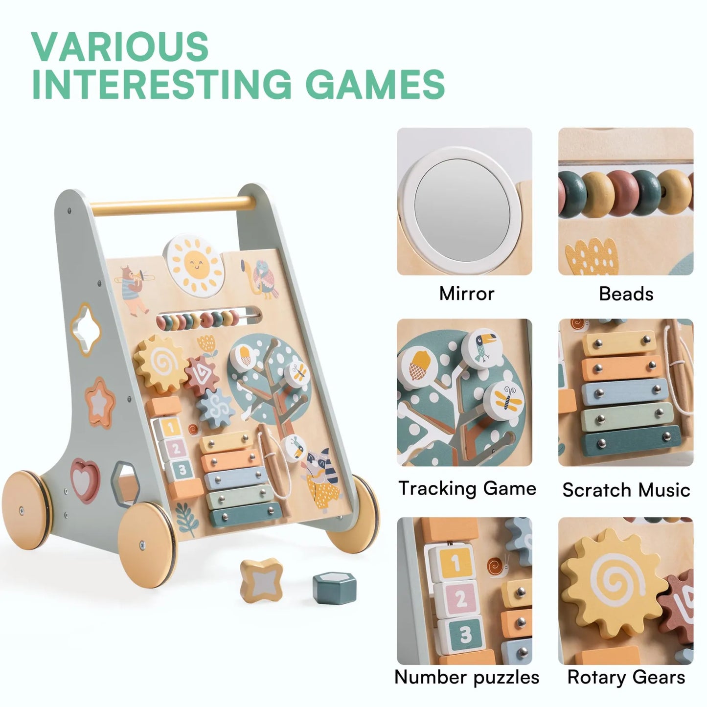 Wooden Baby Walker with Wheels – Montessori Push Toy & Activity Center for Babies