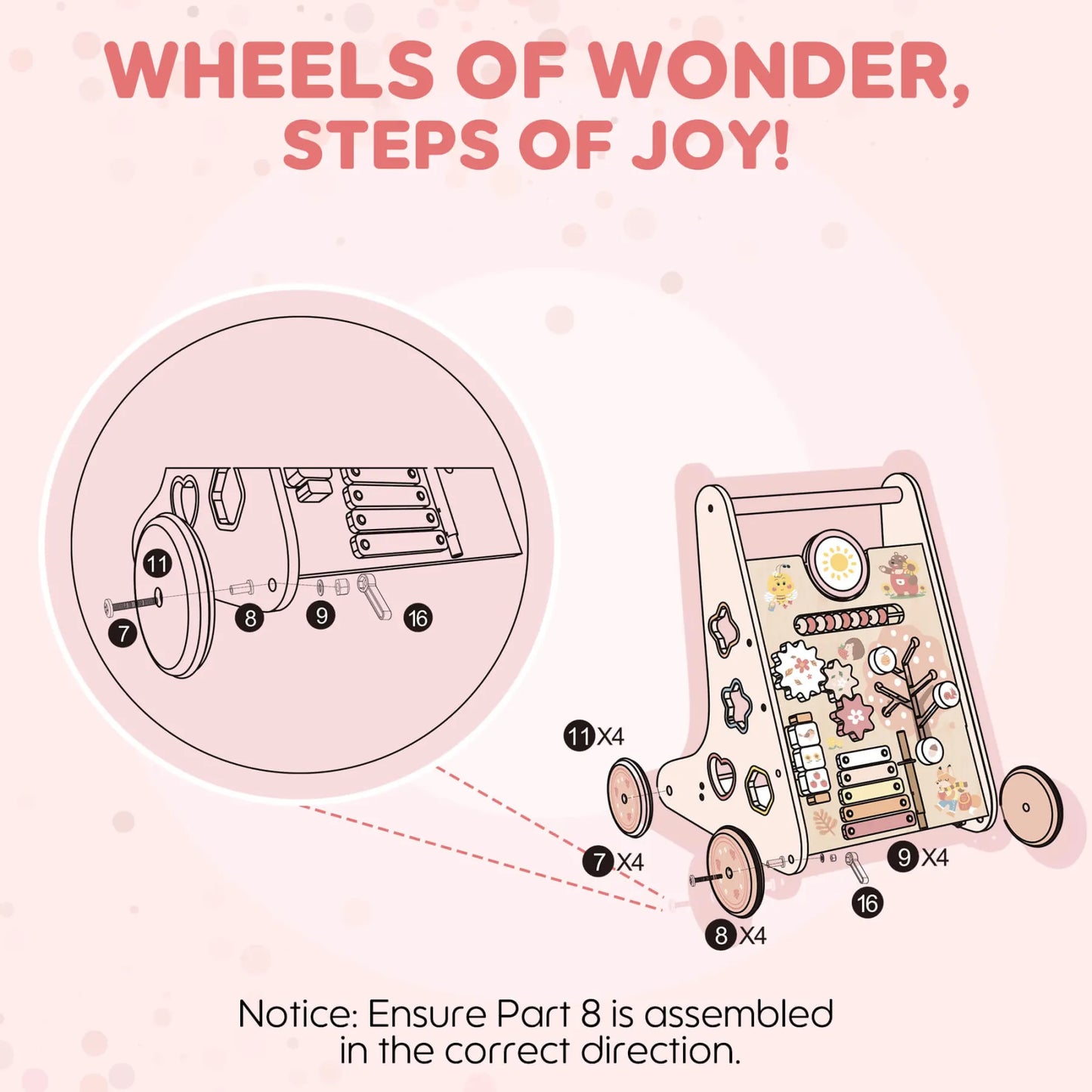 Wooden Baby Walker with Wheels – Montessori Push Toy & Activity Center for Babies