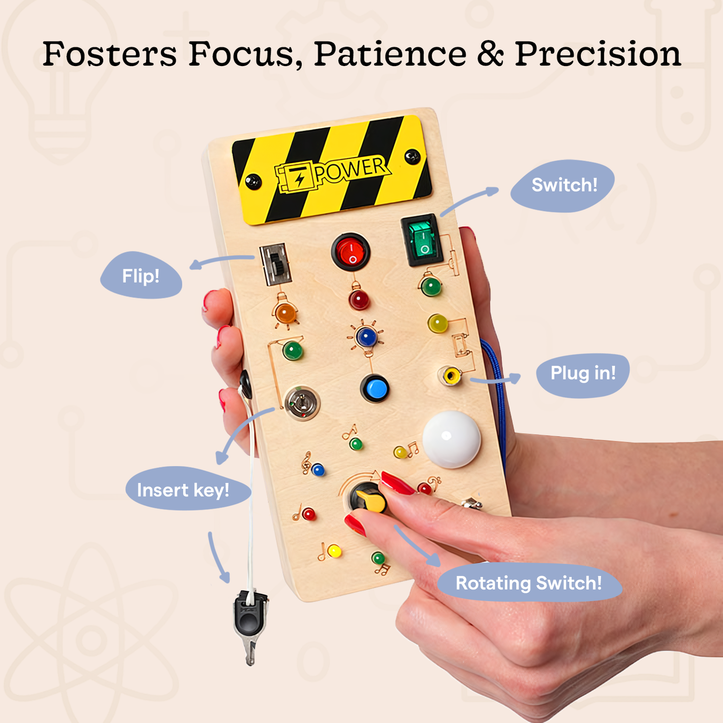 Montessori Wooden Switch Busy Board – Busy Board with Lights, Buttons & Knobs for Toddlers