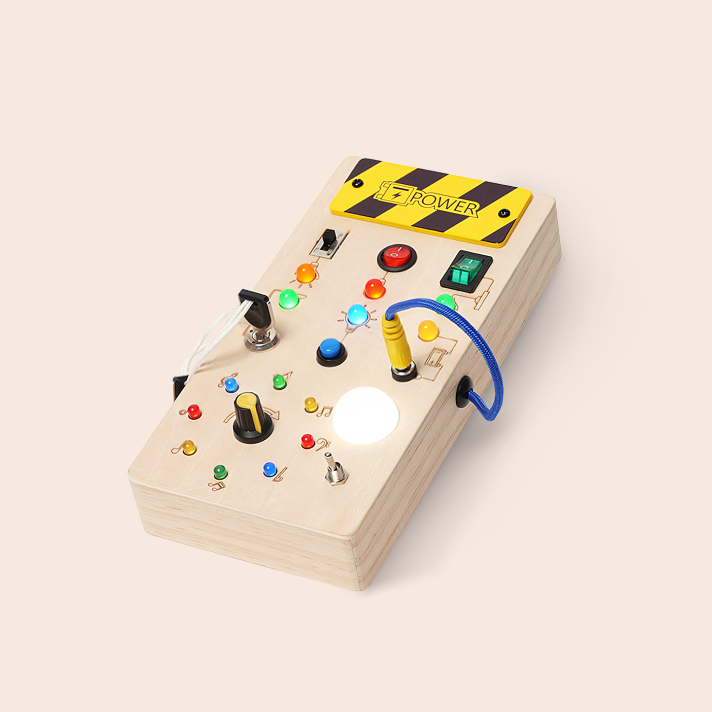 Montessori Wooden Switch Busy Board – Busy Board with Lights, Buttons & Knobs for Toddlers