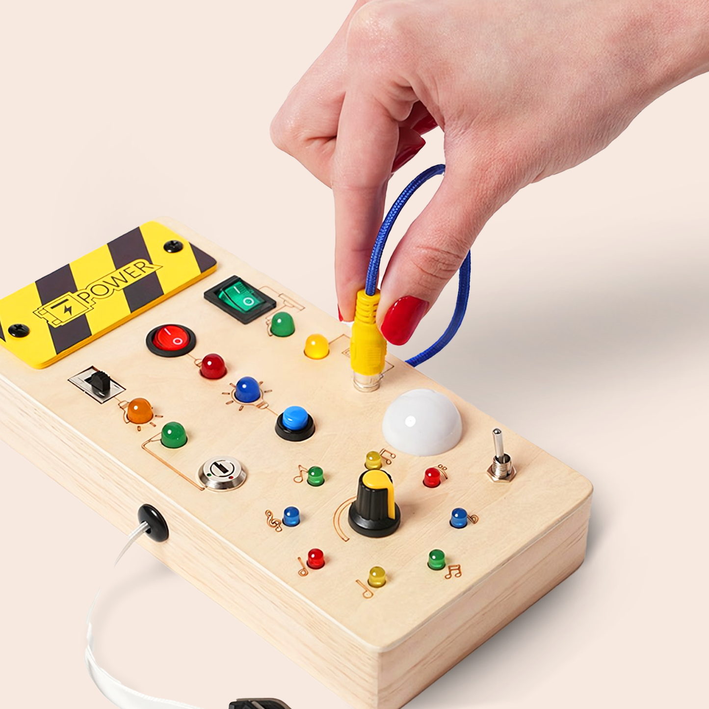 Montessori Wooden Switch Busy Board – Busy Board with Lights, Buttons & Knobs for Toddlers