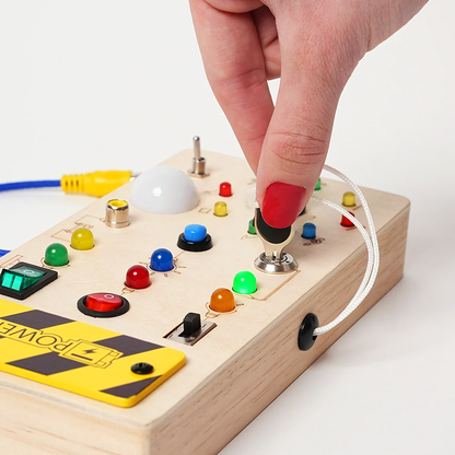 Montessori Wooden Switch Busy Board – Busy Board with Lights, Buttons & Knobs for Toddlers