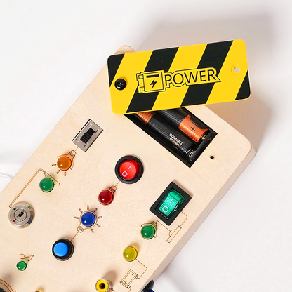 Montessori Wooden Switch Busy Board – Busy Board with Lights, Buttons & Knobs for Toddlers