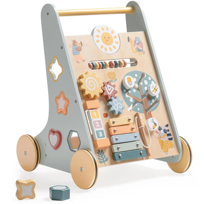 Wooden Baby Walker with Wheels – Montessori Push Toy & Activity Center for Babies