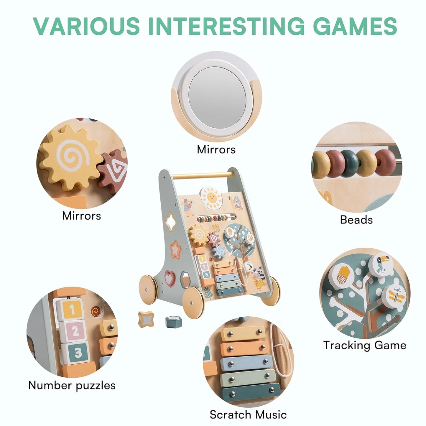 Wooden Baby Walker with Wheels – Montessori Push Toy & Activity Center for Babies