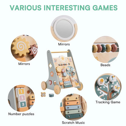 Wooden Baby Walker with Wheels – Montessori Push Toy & Activity Center for Babies