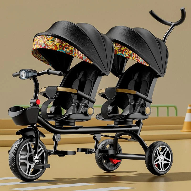 4-in-1 Twin Toddler Tricycle – 360° Swivel Seats, All-Terrain Wheels