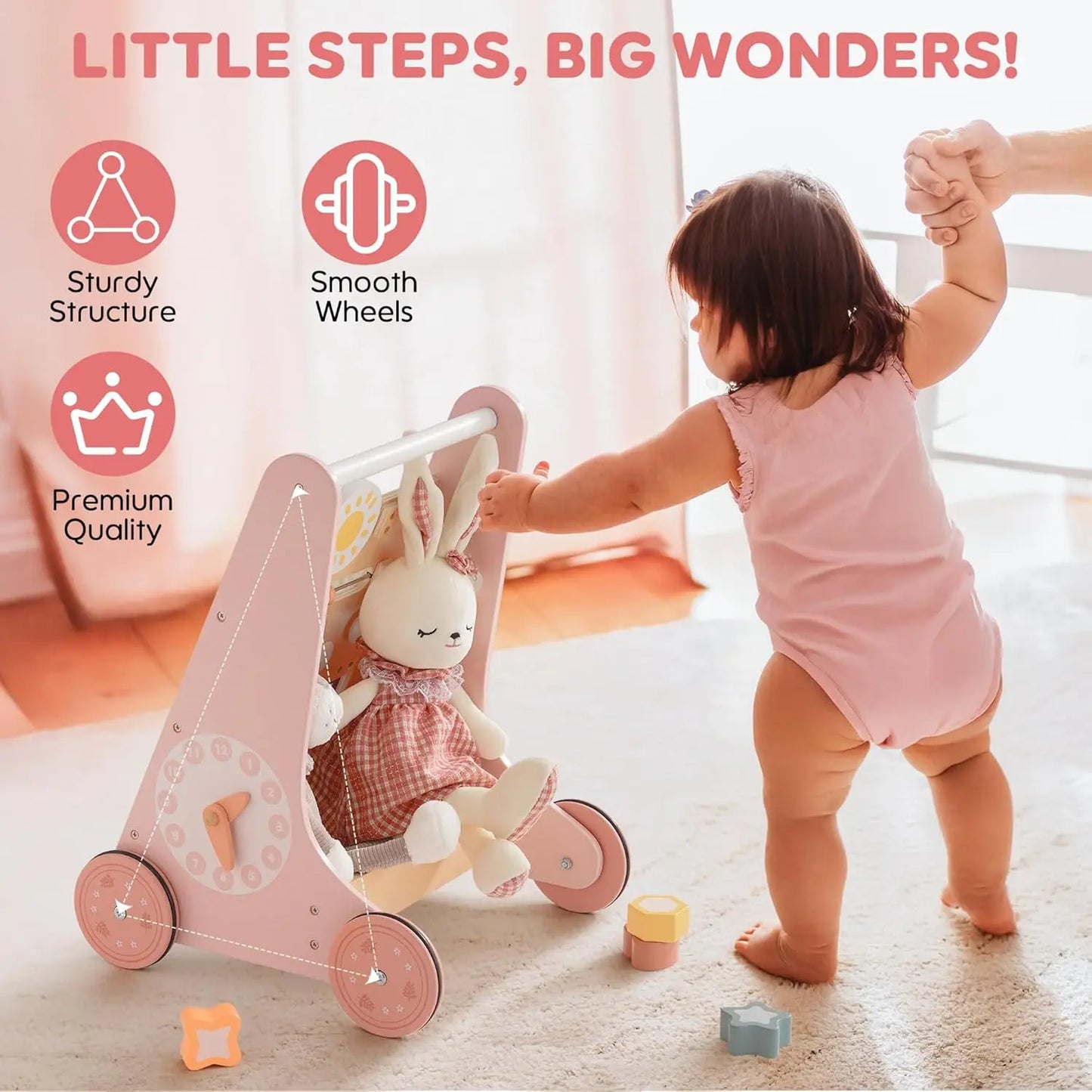 Wooden Baby Walker with Wheels – Montessori Push Toy & Activity Center for Babies