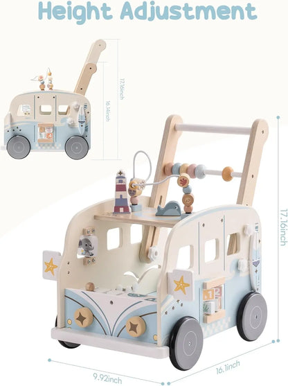 Wooden Adventure Bus Walker – Activity Push Toy for Toddlers