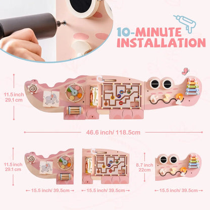 Montessori Wooden Crocodile Wall Activity Toy – Interactive Busy Board with Maze, Gear Play, Xylophone & Sorting Games for Kids