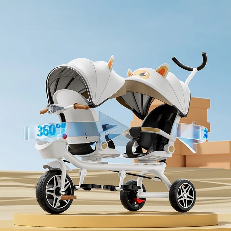 4-in-1 Twin Toddler Tricycle – 360° Swivel Seats, All-Terrain Wheels