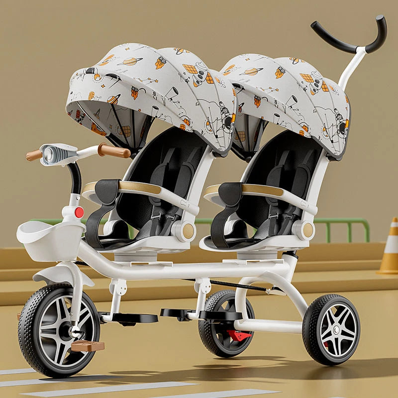 4-in-1 Twin Toddler Tricycle – 360° Swivel Seats, All-Terrain Wheels
