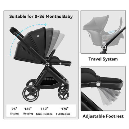 Luxury Reversible Baby Stroller - Compact Fold, Newborn Ready, All-Terrain