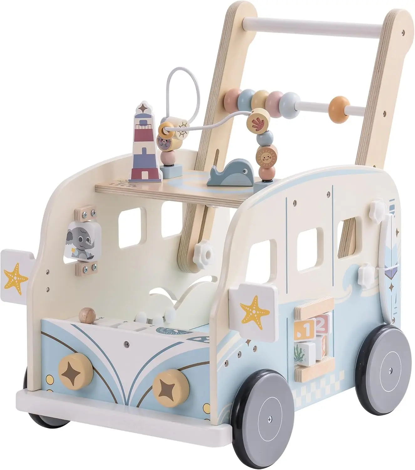 Wooden Adventure Bus Walker – Activity Push Toy for Toddlers
