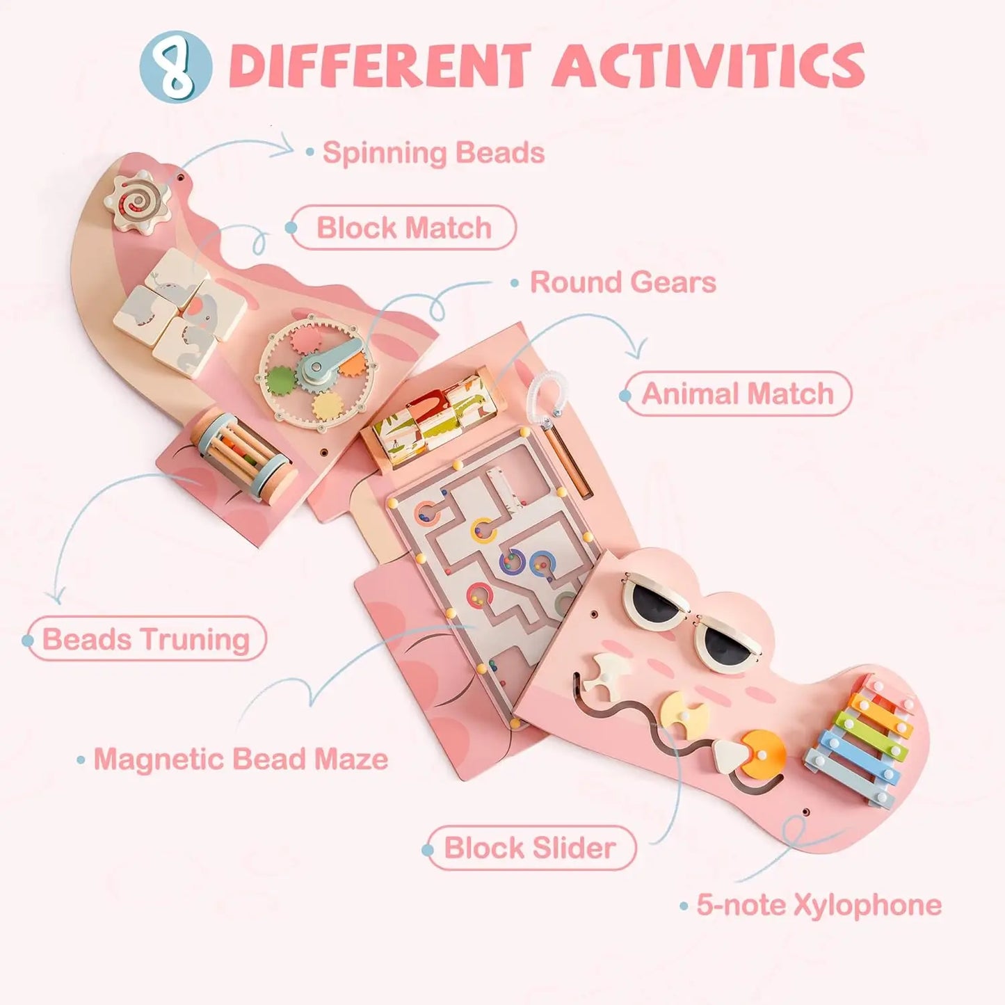 Montessori Wooden Crocodile Wall Activity Toy – Interactive Busy Board with Maze, Gear Play, Xylophone & Sorting Games for Kids