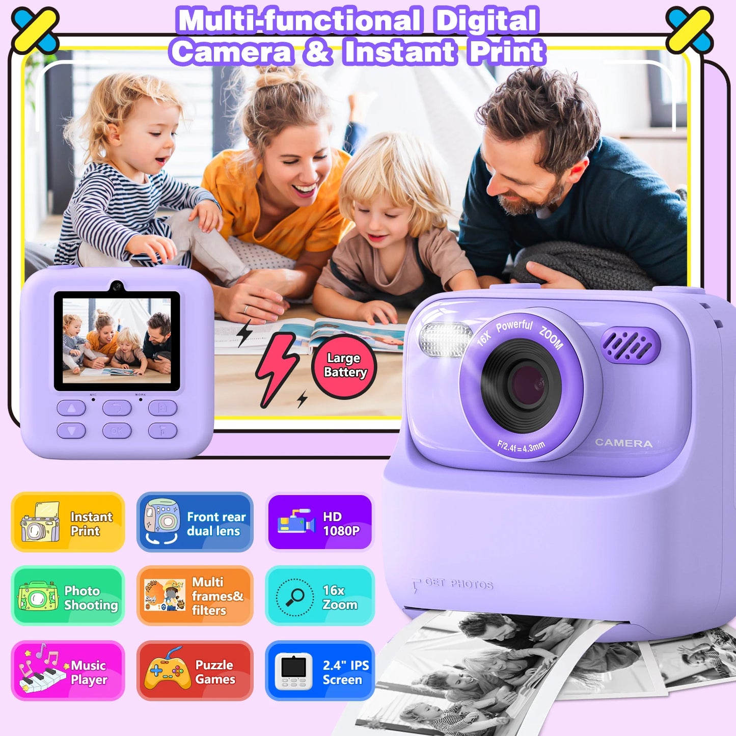 Kids Instant Print Digital Camera – 1080P HD Dual-Lens Selfie Camera with 32GB Card