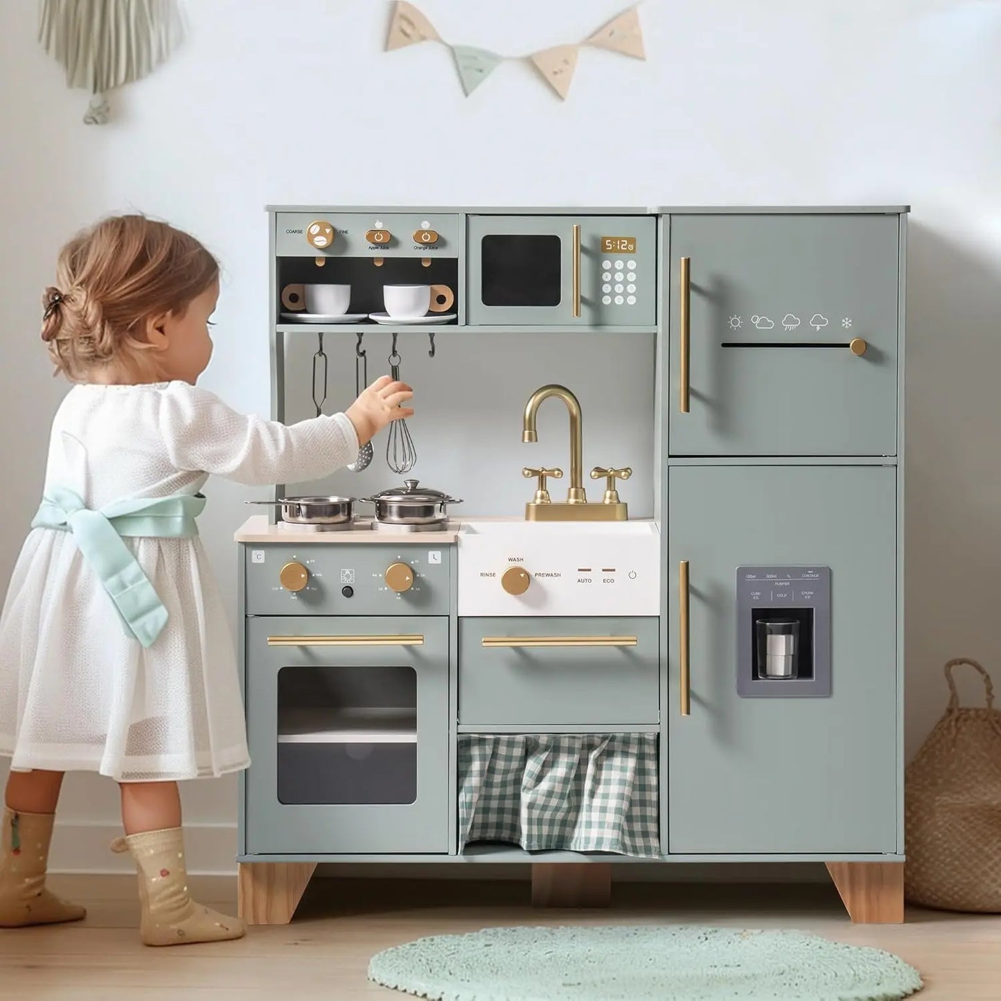 Wooden Kids Play Kitchen Set with Fridge, Oven & Accessories