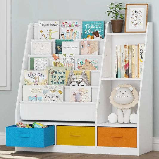 Montessori Bookshelf – Front-Facing Wooden Kids Bookcase with Storage Bins