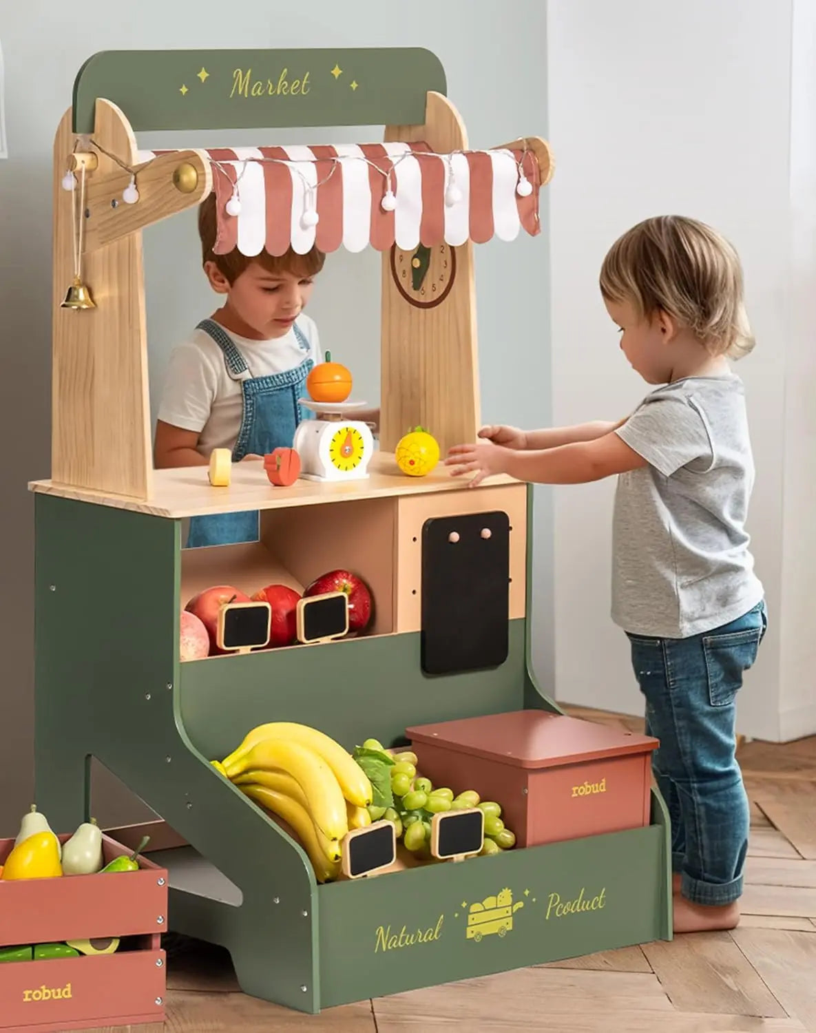 Kids Wooden Market Stall - Kids Grocery Store Playset