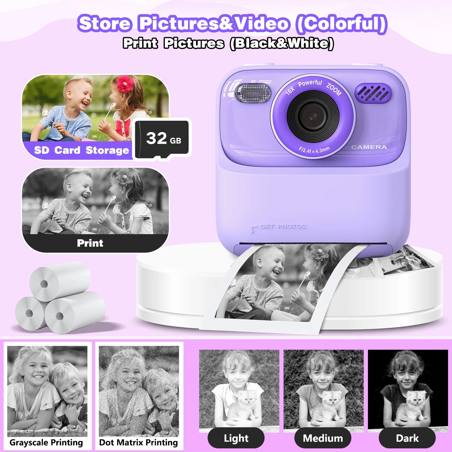 Kids Instant Print Digital Camera – 1080P HD Dual-Lens Selfie Camera with 32GB Card