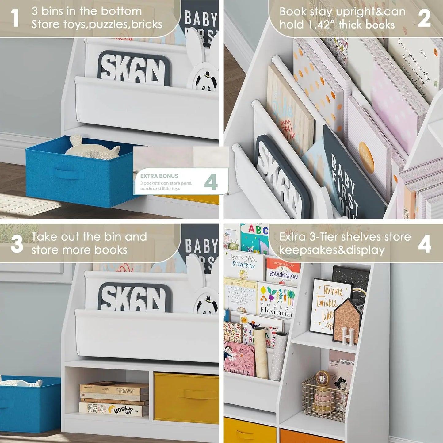 Montessori Bookshelf – Front-Facing Wooden Kids Bookcase with Storage Bins