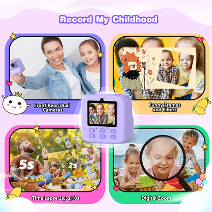 Kids Instant Print Digital Camera – 1080P HD Dual-Lens Selfie Camera with 32GB Card