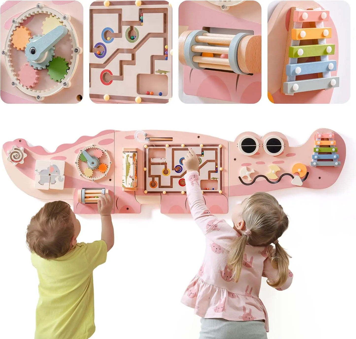 Montessori Wooden Crocodile Wall Activity Toy – Interactive Busy Board with Maze, Gear Play, Xylophone & Sorting Games for Kids
