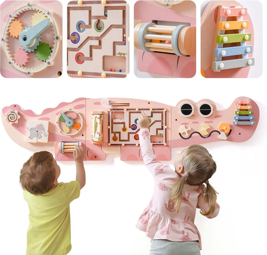 Montessori Wooden Crocodile Wall Activity Toy – Interactive Busy Board with Maze, Gear Play, Xylophone & Sorting Games for Kids