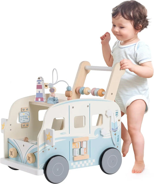 Wooden Adventure Bus Walker – Activity Push Toy for Toddlers