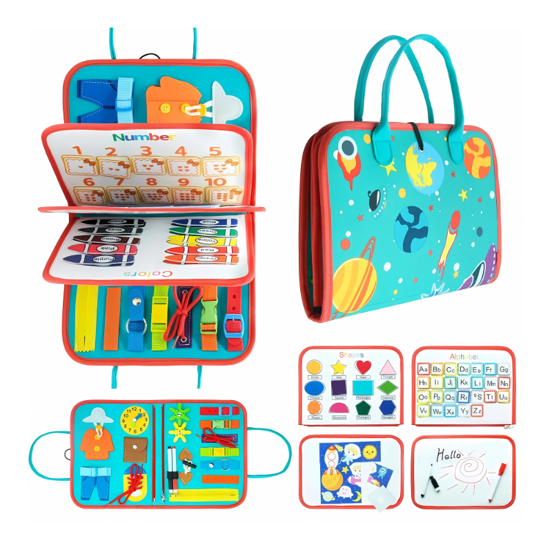 Montessori Busy Board - Portable Activity Toy for Toddlers (Space, Dino, Unicorn)