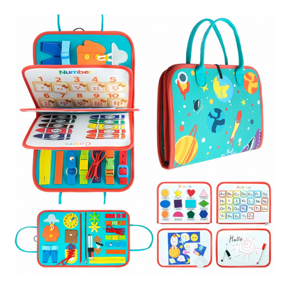 Montessori Busy Board - Portable Activity Toy for Toddlers (Space, Dino, Unicorn)