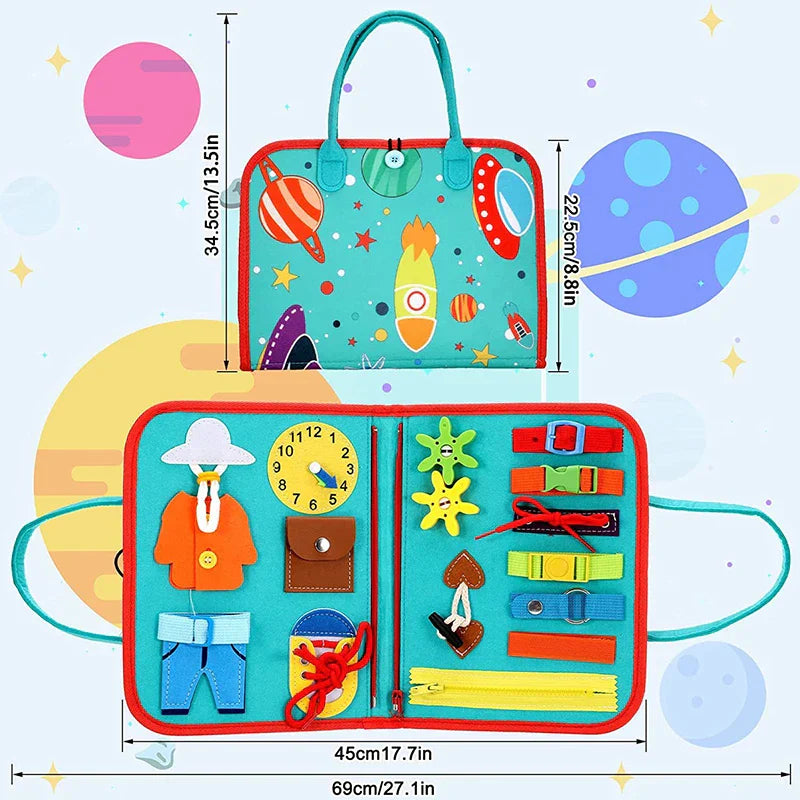 Montessori Busy Board - Portable Activity Toy for Toddlers (Space, Dino, Unicorn)