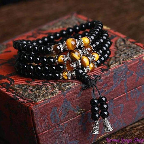 Bracelet Mala Bouddhiste Obsidienne/Oeil de Tigre Bracelet
