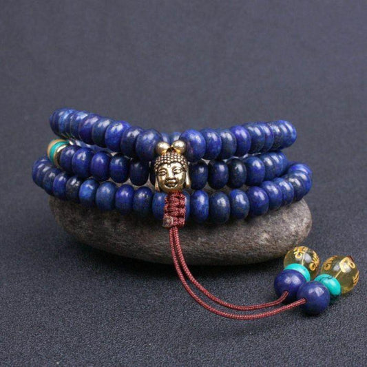 Bracelet/Collier Mala "Mantra" en Pierres Naturelles et son pendentif Bouddha Royaume du Bijou Lapis lazuli 