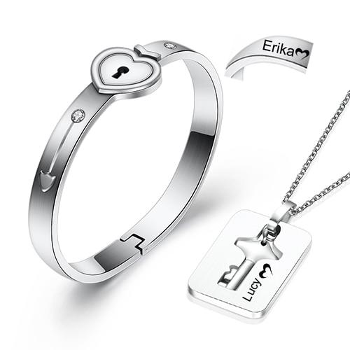 Bracelet cœur & pendentif clé pour les couples - Nom personnalisé